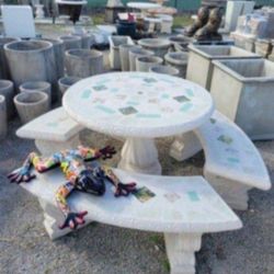 Concrete Mosaic Picnic Table with 3 Benches/ Outdoor Patio Furniture