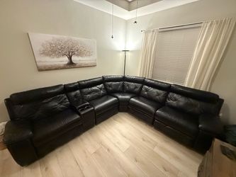 Cindy Crawford Real Leather Sectional Couch, Dark Brown/Burgundy Color.