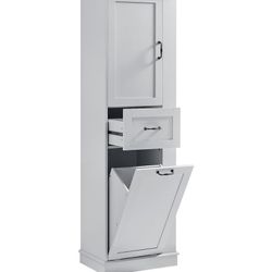 Newly Assembled Narrow Bathroom Tall Tilt-Out Laundry Cabinet w/ Hooks