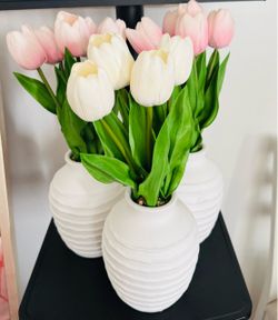 White Ribbed Ceramic Vases with Faux Tulips