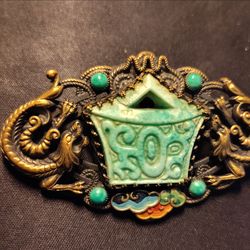 Vintage  Export Silver Gilt & Carved Hardstone Filigree Brooch🌀🍄👇🏿