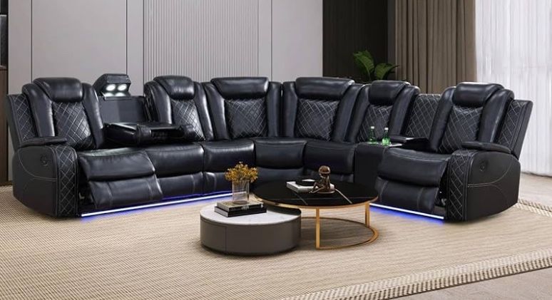 Black Leather Recliner Sectional Sofa Set