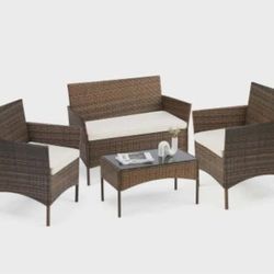 New in a box, Patio Porch Furniture Set 4pcs PE Rattan Wicker Chairs with Table Outdoor Garden Furniture Sets, Brown-Beige Cushions.