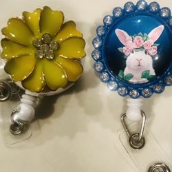 TWO Spring Flower + crystal Bunny Rabbit ID HOLDER swivel alligator clip nurse RN badge reel 