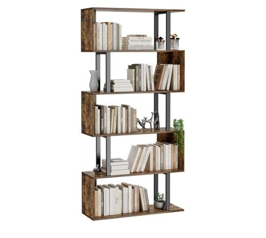 Rustic Brown 5-Tier Geometric Bookcase S Shaped Wood Decorative Storage Shelving Retails $99
