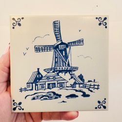 Vintage Royal Mosa Holland Hand Crafted Ceramic Delft Blue Tile 4.25” 1980s