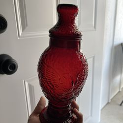 vintage Wheaton ruby red glass apothecary jar with an embossed eagle design. 