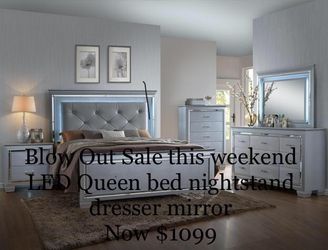 LED Queen bed nightstand dresser and mirror LED