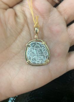 Atocha silver coin pendant in 14k gold bezel
