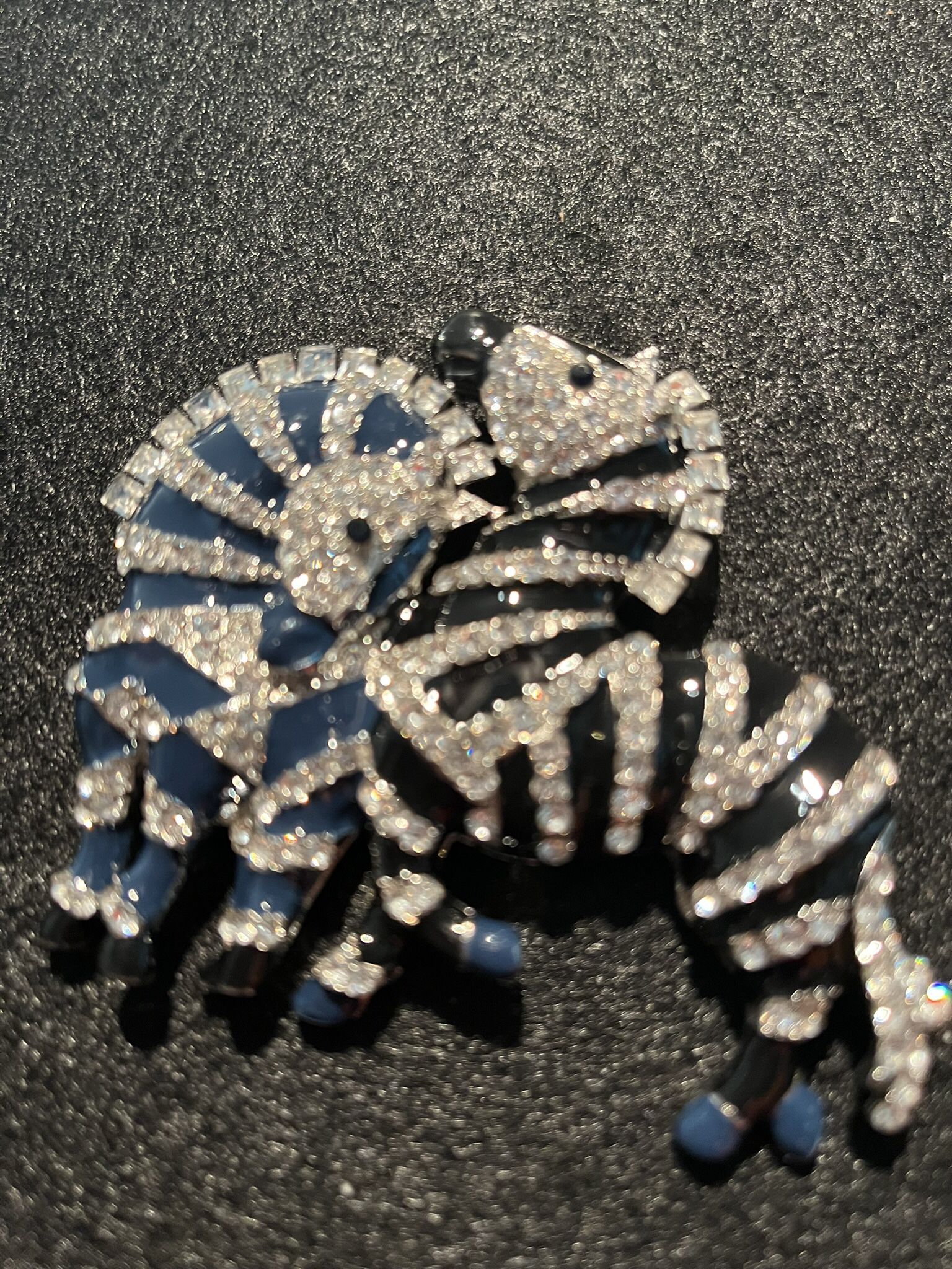 Horse Zebra Crystal ALL Glass Rhinestone Brooch Pin Vintage Black Blue Enamel