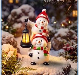 Brightown Solar Snowman Garden Statues for Indoor & Outdoor Christmas Decor IP65 Waterproof Resin Snowman Figurine with Red‑Green‑White Scarf for Yard