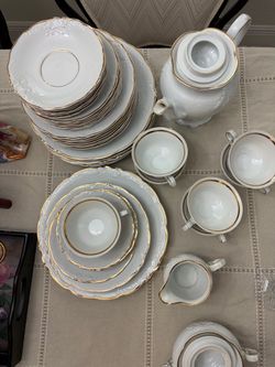White Porcelain 6 pieces each Tea and Dinner Set with Gold Trim