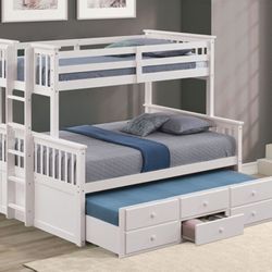 Brand New White Twin Over Full Bunk Bed w Trundle Bed + Drawers 