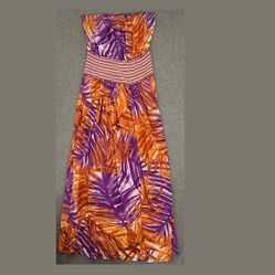 BCBGMaxazria Strapless‎ Silk Maxi Dress Leaf Print Small Purple Orange Stretchy