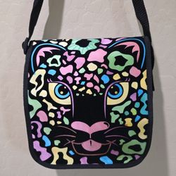 Peachtree Playthings Black Velvet Canvas Neon LION CAT Messenger Crossbody Bag
