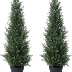 3FT Artificial Cedar Topiary Trees for Outdoors Potted Fake Cypress Trees Faux Evergreen Plants for Home Porch Decor Set of 2