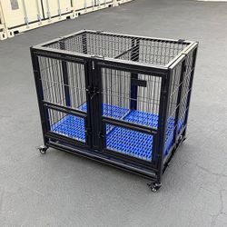 (NEW) $160 Folding Dog Cage 37x25x33” Heavy Duty Double-Door Kennel w/ Divider, Plastic Tray