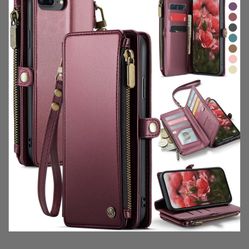 Defencase Compatible With IPhone 8 Plus/ 7 Plus Case Wallet With RFID Blocking Card Holder For Women Men PU Leather Magnetic Snap Flip Zipper Strap Wa