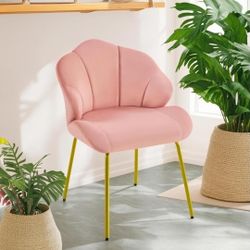 Vanity Chair, Velvet Accent Chair with Shell-Shaped Backrest, Modern Armchair with Gold Metal Legs for Dressing Room/Bedroom/Living Room, Pink