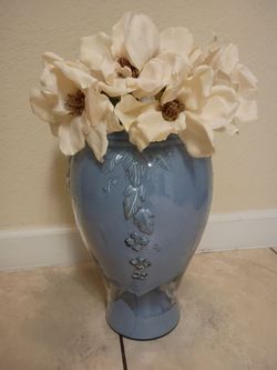 Blue Ceramic Floral Vase with Artificial Magnolias