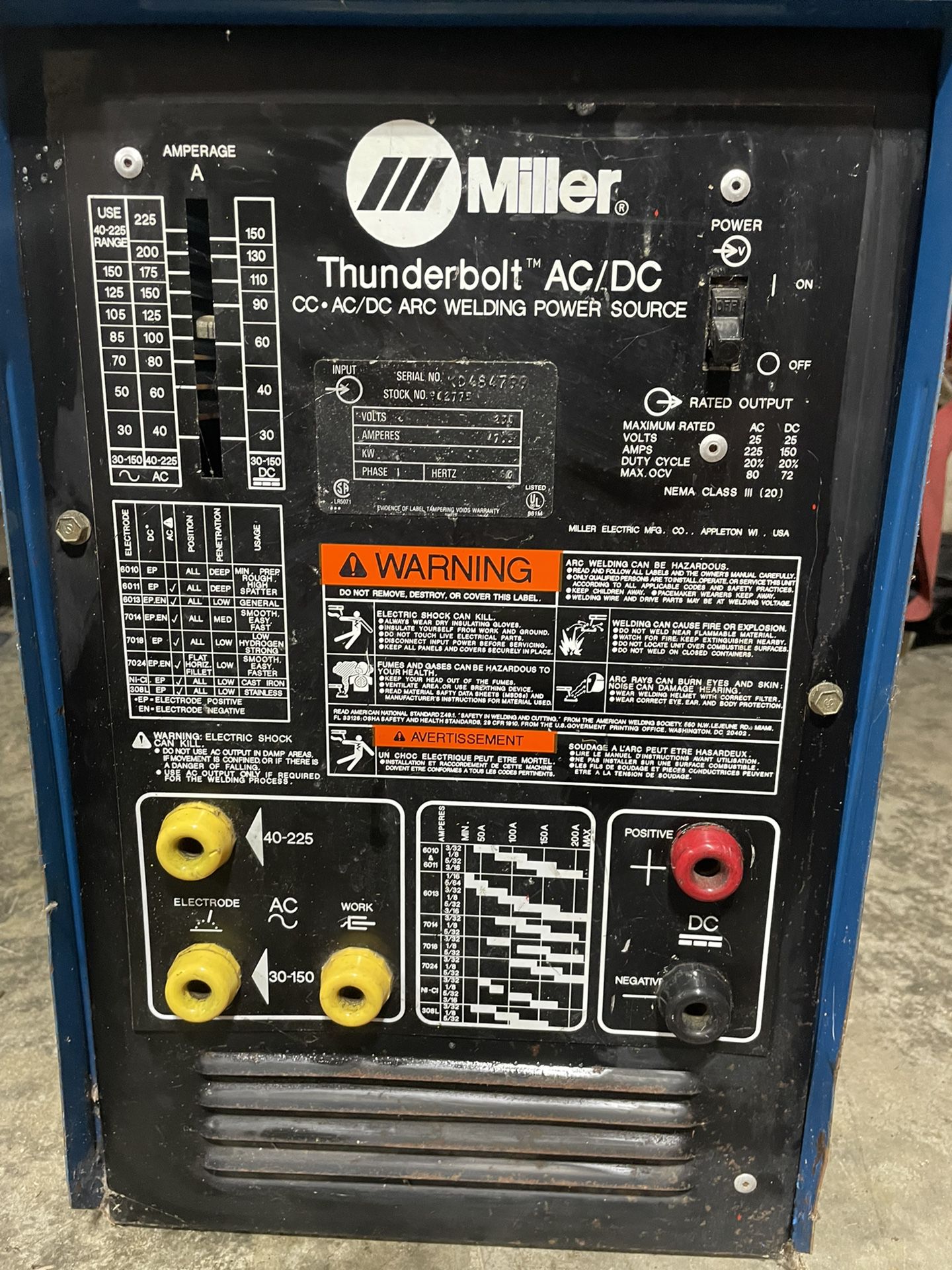 Miller Thunderbolt Welding Power Source Ac/dc With Leads