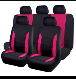 Universal  polyester material,it's 9-piece,including 5 headrests,2 pcs front seat covers,1 pc rear seat cover,1 pc rear backrest seat cover.