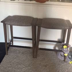 Two Wooden Counter-Height Stools with Padded Fabric Seats 