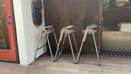 3 MCM chrome and wicker bar stools made in Italy