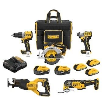 DeWalt five tool 20 V max kit comes with five batteries two of the batteries are 20 V max 5AH and the other three batteries are 20 V max 3AH