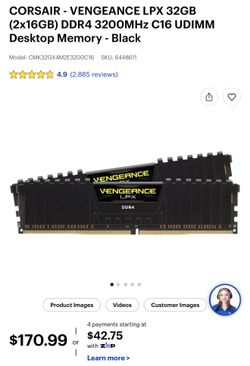 Corsair Vengeance LPX 32GB PC4-25600 DDR4-3200 Memory - CMK32GX4M2E3200C16