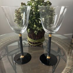 Tucano (Black Stem, Gold Accents) Water/Wine Blown Glass Pair by Sasaki 1990's 