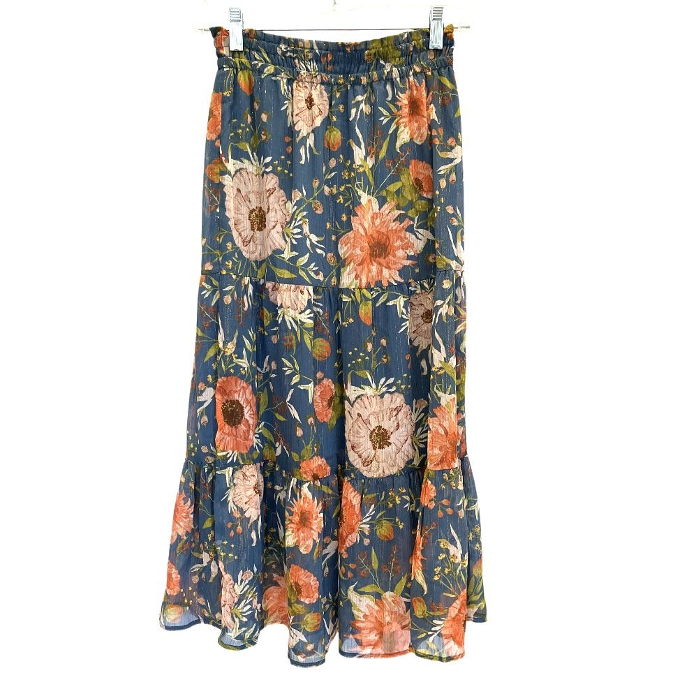LC Lauren Conrad Womens XS Midi Skirt Smocked Waist Tiered Blue Floral Shimmer