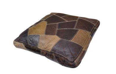 Vintage Mid Century Patchwork Leather Pillow Cushion Dual Sided Brutalist 17.5x18