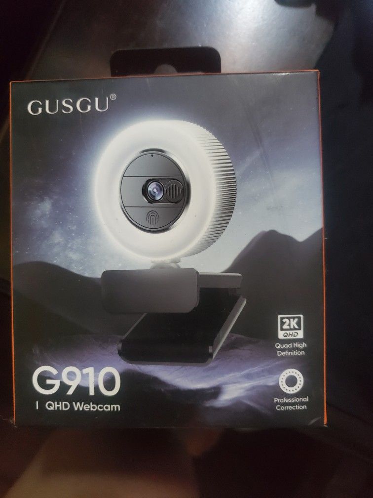 GUSGU G910 2K QHD Webcam – Ring Light + Privacy Cover – New in Box