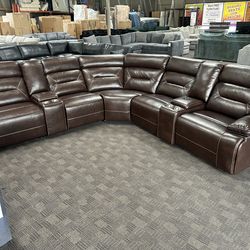 Brown leather power reclining sectional