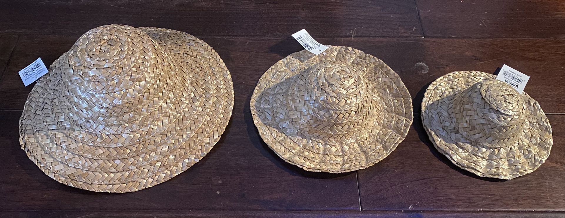 3 STRAW HATS 10" 8" 6" FOR DOLL, PET, DECORE