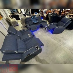 Gray 3PC Power Recliner Sofa With cup holder and LED