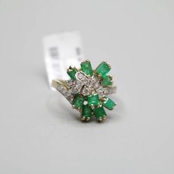 14K Yellow Gold Ladies Diamond & Emerald Cluster Ring (Size 7) 1.48CTW