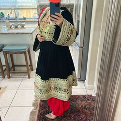 Afghani traditional clothes set 3 pieces. Velvet, green red gold  bran new