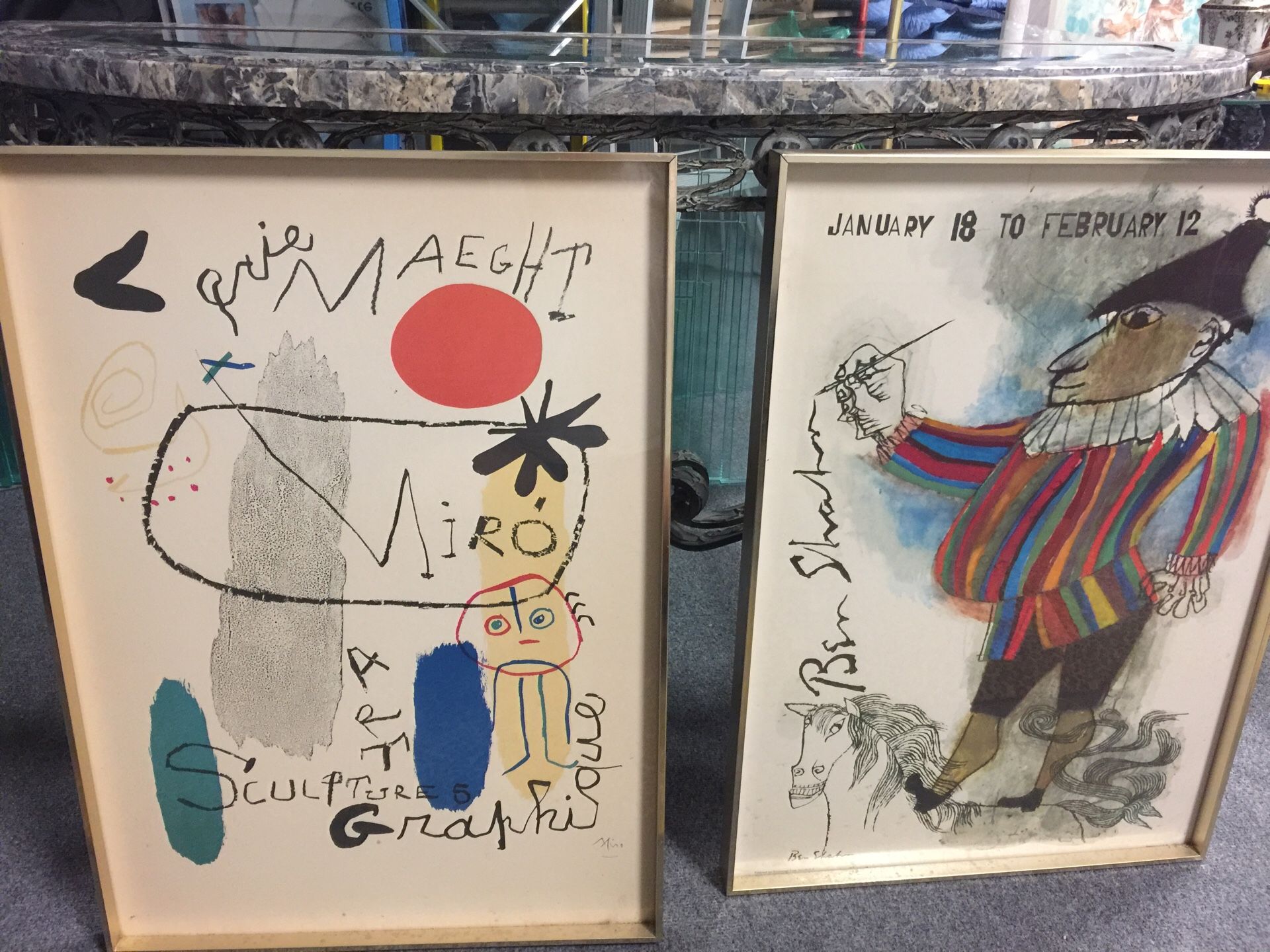 Pair of mid century modern framed art. Posters? Miro. BEN Shah. 2 for $100.