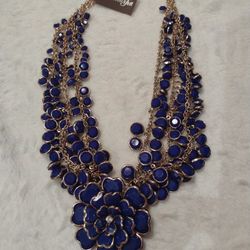 New Natasha Dark Blue Flower & Bead Necklace