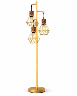 Lámpara de Pie Moderna Dorada con 3 Luces Colgantes – Diseño Elegante de Ratán y Estilo Industrial