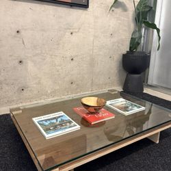 LARGE HAND CRAFTED WALNUT JAPANDI STYLE GLASS COFFEE TABLE (DELIVERY AVAILABLE) 