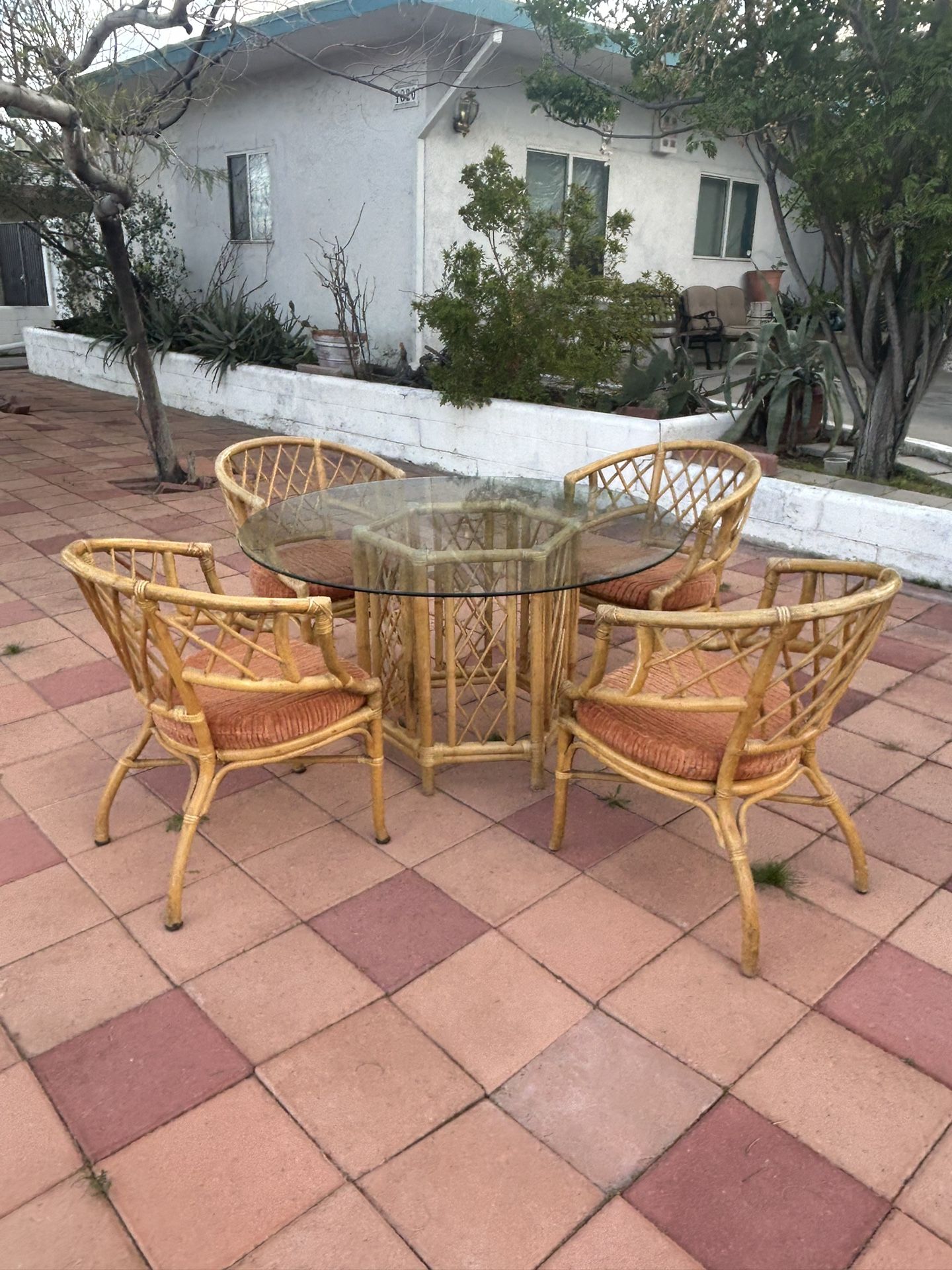 Vintage Bamboo / Rattan Dining Table. With 4 Armchairs