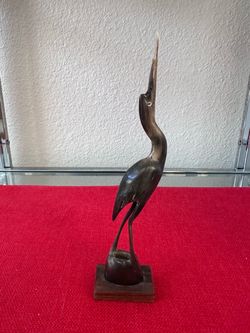 Vintage Hand Carved Horn Heron Egret Bird Statue Wood Base 8" AS IS Broken Beak