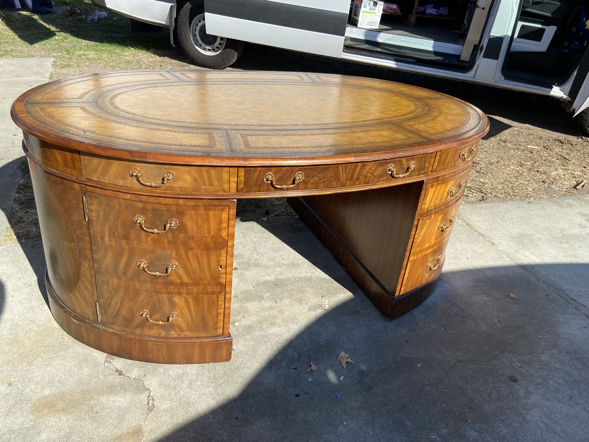 vintage Maitland Smith Oval Partners Desk Victorian burl wood style