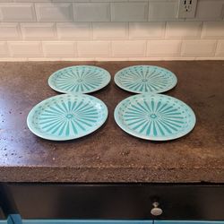 Set Of 4 Blue Melamine Plates 2 Have A Little Ware On Them 