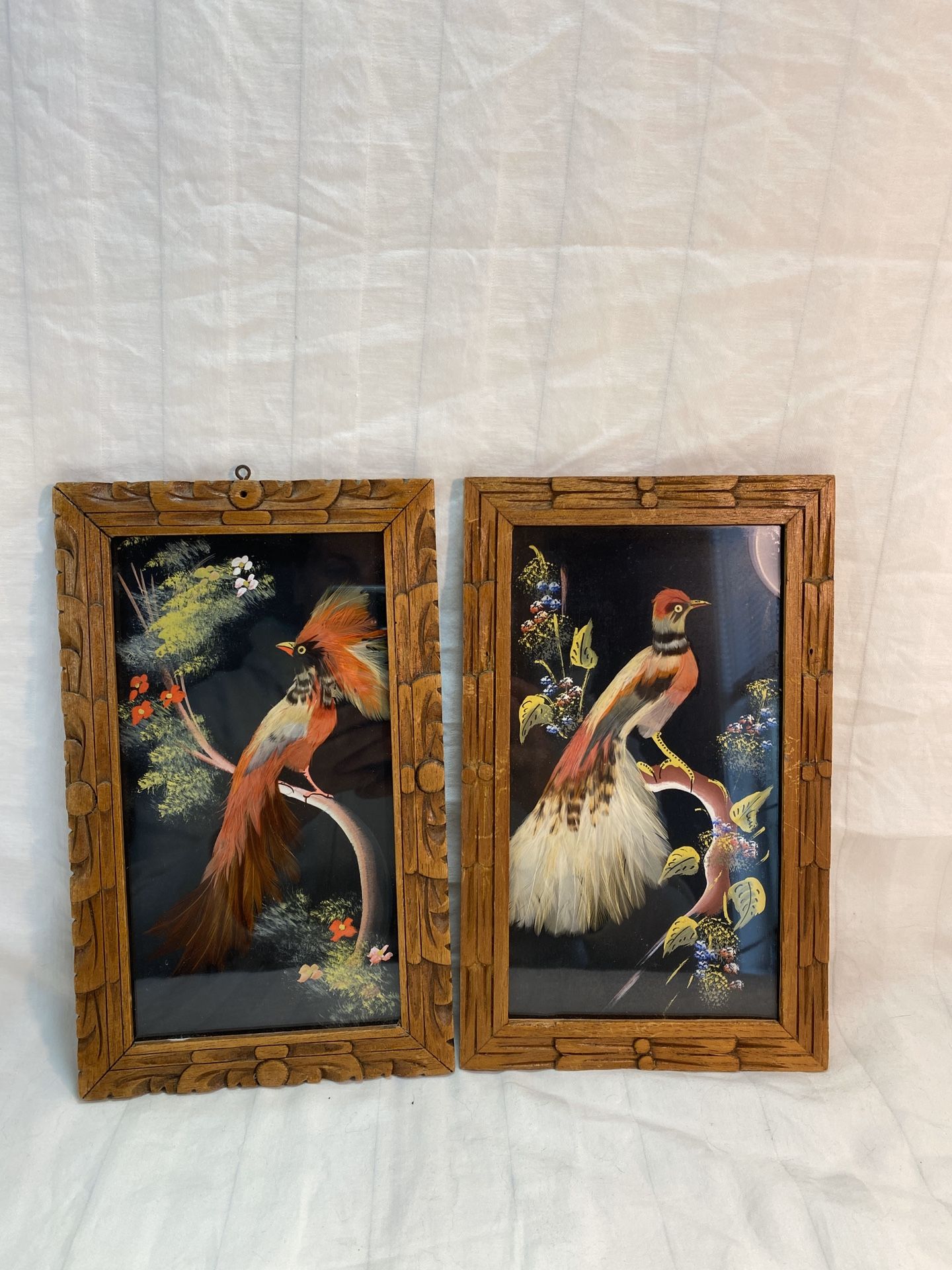 2 Vintage Wooden Framed Mexican Feathercraft Feather Craft Bird Pictures MEXICO