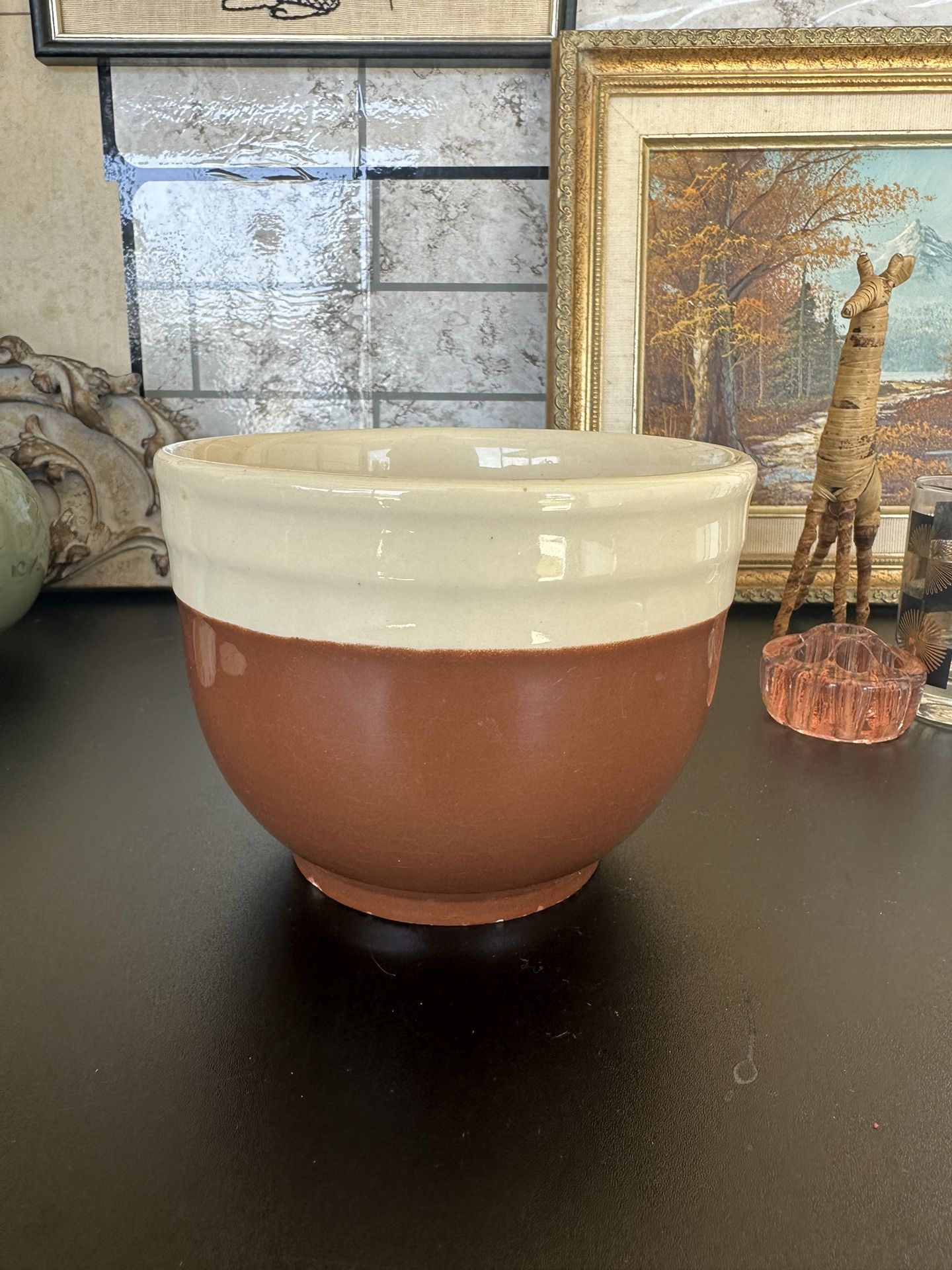 Vintage Rustic Farmhouse Decor Vintage Oxford Stoneware 7”Mixing Bowl In Ribbed Cream & Brown + Patina