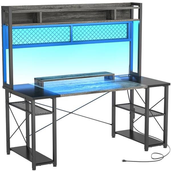 Gaming Deck with Charge Station and LED Light, Computer Table with Hutch and Shelves